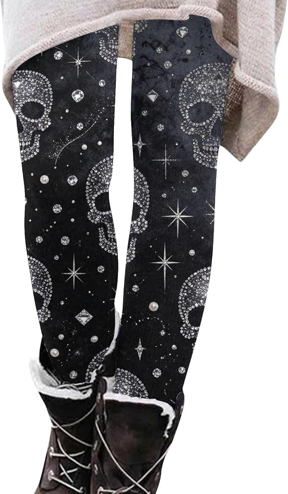 Women Gothic Skull Print Leggings Stretch High Waist Soft Pants for Halloween Party Fall Casual Wear - skull leggings