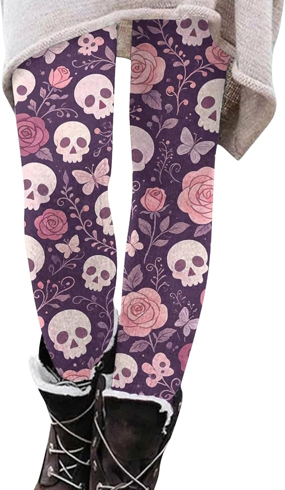 Womens Halloween Gothic Skull Rose Leggings High Waist Stretch Pants for Costume Party Loungewear - skull leggings