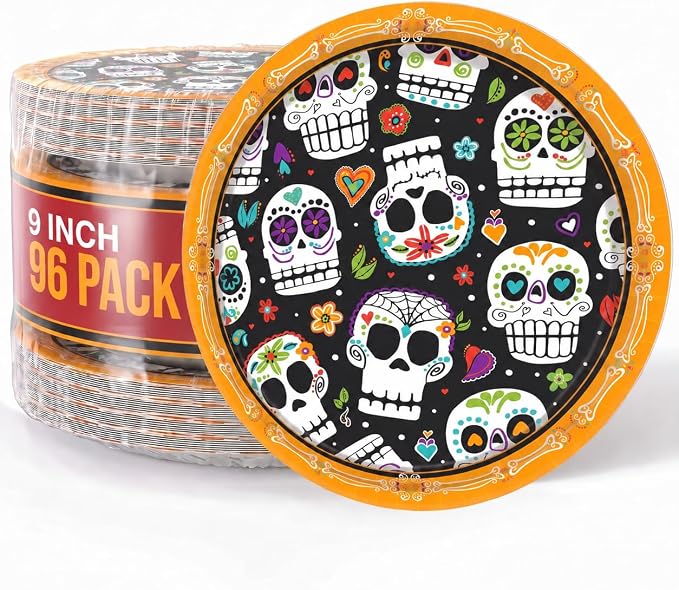 Party Solids Halloween Plates Sugar Skull Day of Dead 96 Ct 9" - skull plate