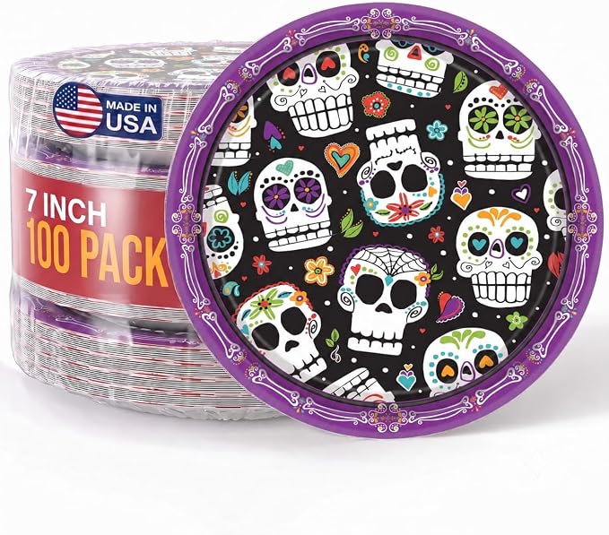 Party Solids Halloween Plates Sugar Skull Day of Dead 96 Ct 7" - skull plate