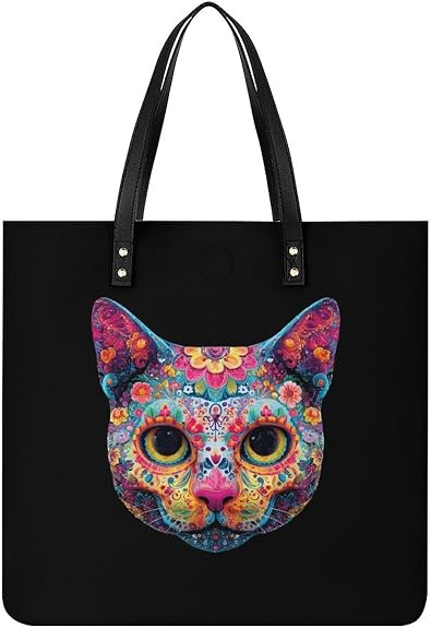 Sugar Skull Cat Face Leather Tote Bag Shopper Handbag for Women