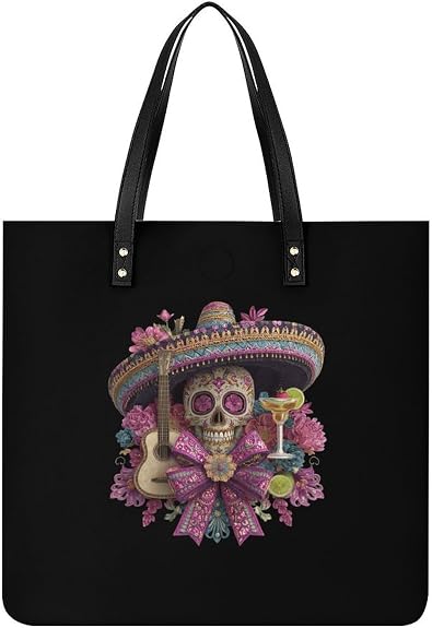 Sugar Skull with Sombrero Leather Tote Bag Shopper Handbag for Women