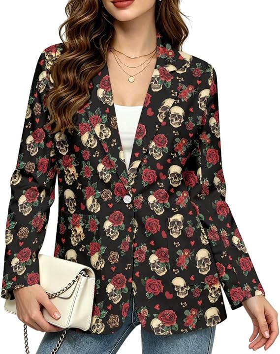 Yewattles Blazers for Women Business Casual Long Sleeve Jackets - skull jacket