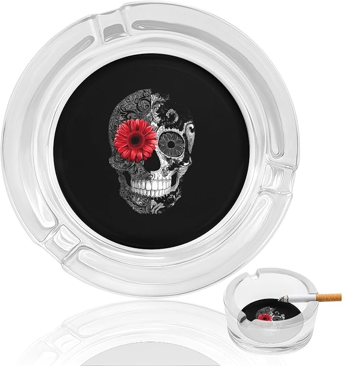 Floral Sugar Skull Glass Ashtrays Round Ash Tray Holder - skull ashtray