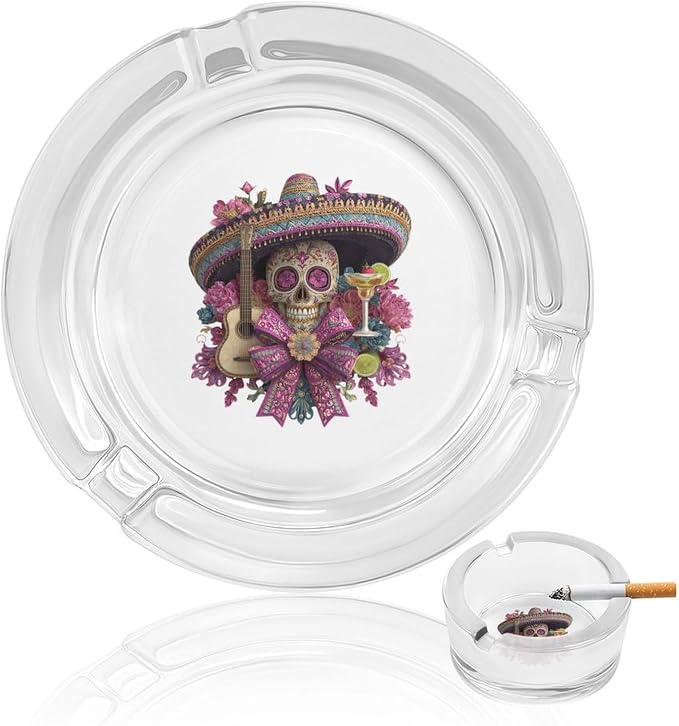 Sugar Skull with Sombrero Glass Ashtrays Round Ash Tray Holder - skull ashtray