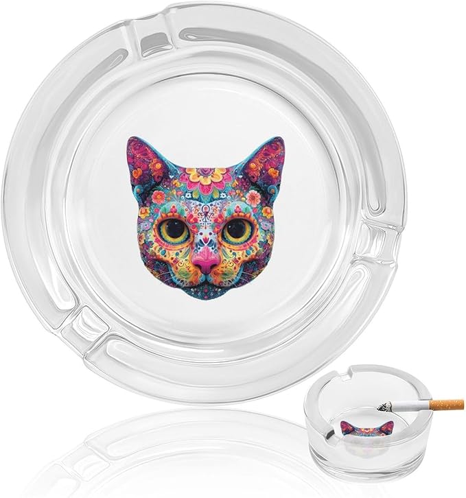 Sugar Skull Cat Face Glass Ashtrays Round Ash Tray Holder - skull ashtray