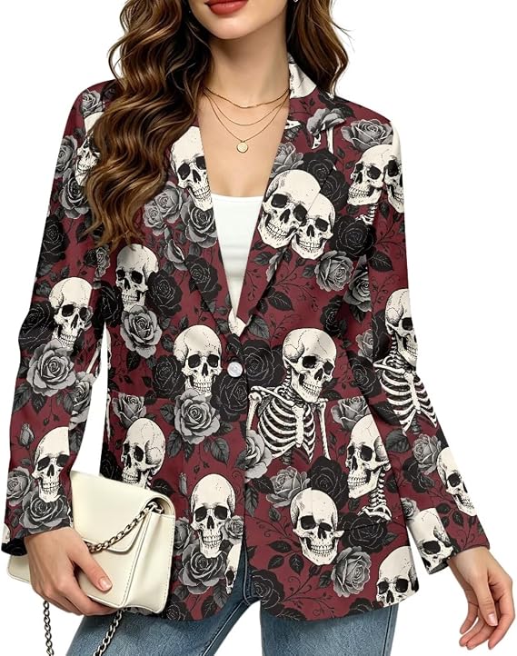 Yewattles Womens Business Casual Blazer Open Front Pleated Suit Jacket - skull jacket