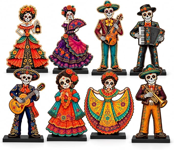 8 Pcs Wood Dia De Los Muertos Decorations & Day of The Dead Decor 5.9" - skull figurine