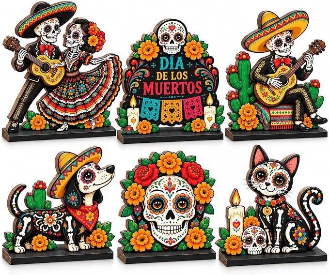 6 Pack Day Of The Dead Decor, Wooden Sugar Skull Decor Tabletop Set - skull candle