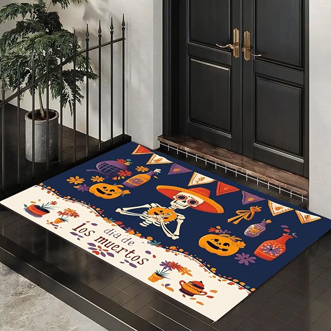 Mexican Day of The Dead Door Mat for Entryway,1'4" x 2', Skeleton Colorful Flags Floor Doormat for Home Decor,Purple Non-Slip Rug Mat for Living Room, Kitchen, Bedroom, Gifts - skull floor mat