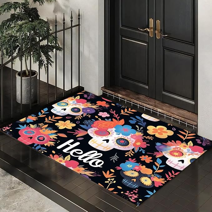 Mexican Day of The Dead Rugs for Entryway,1'4" x 2' Rose Red Rug Non-Slip Washable Small Area Rug,Sugar Skull Print Low-Pile Indoor Door Mat Floor Carpet for Entrance Bedroom - skull floor mat