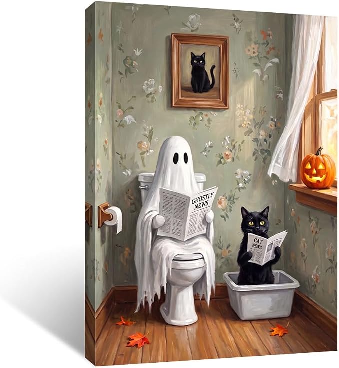 Halloween Wall Art Decor Ghost Cat Bathroom Framed Canvas Pictures Print