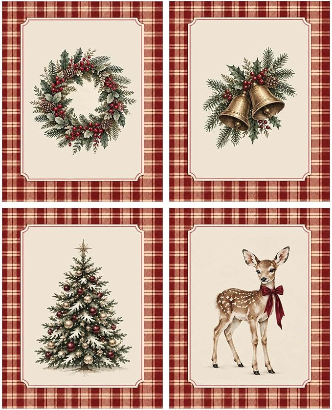 Vintage Christmas Wall Art Set of 4, Traditional Holiday Prints,Unframed - skull wall art