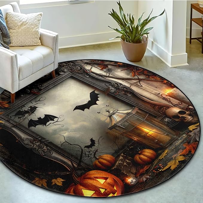 CCoutueChen 4x4 Halloween Area Rug, Pumpkin Bat Machine Washable Rug, Skull Non Slip Low Pile Carpet - skull carpet