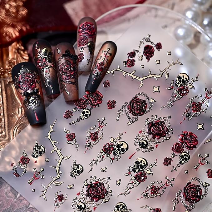 Halloween Thorny Rose Skull Nail Art Stickers, 5D Embossed Nail Decals 1Pcs - skull sticker