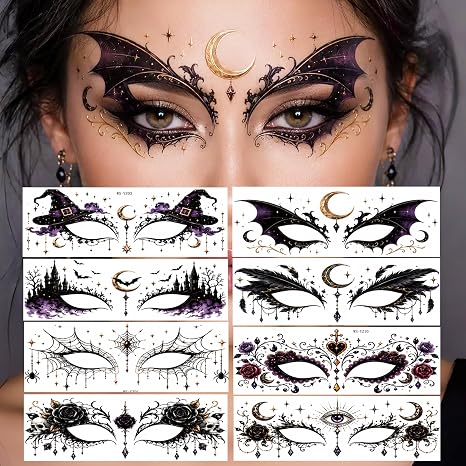 10 Sheets Gothic Halloween Eye Tattoos Face Makeup Eyelid Eye Shadow Eye Brow Temporary Tattoo Sticker, Witch Spider Bat Skull Moon Castle Fake Tattoos Halloween Accessory Costume Cosplay - skull sticker
