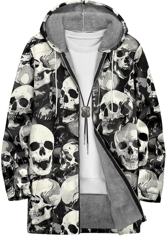 Mens Flannel Jacket Zip Up Hoodie Fleece Sweatshirt - skull jacket