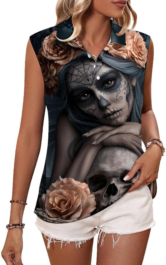 Sugar Skull Spirit Women Sleeveless Shirts Blouse X-Small - skull tank tops