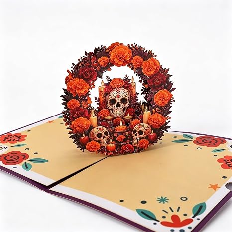 Day of the Dead Pop Up Greeting Card, Mexican Sugar Skull Marigold Wreath 3D Popup Card, Dia de los Muertos Card, Memorial Remembrance Card for Family Friends, 5x7 Inch with Envelope - skull wreath