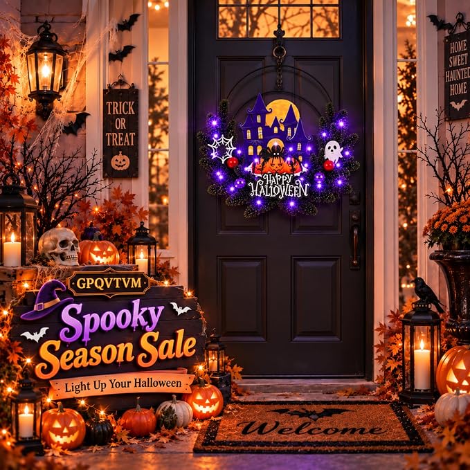 Halloween Wreath Fall Front Door Decor Decorations Hanger Ghost Pumpkin Lighted Porch Frame Small Supplies Bow Outdoor Large Entryway Black Vintage Metal Sign Purple Spooky Wood Indoor Welcome