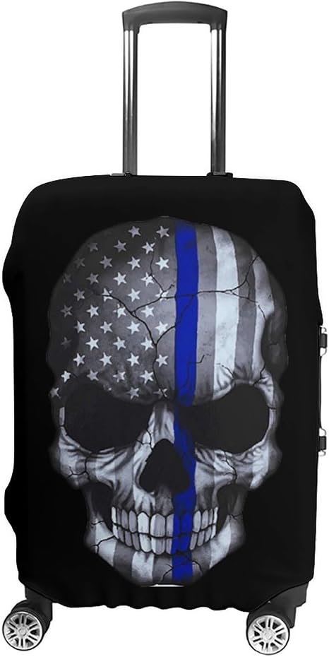Police Blue Line Flag Skull Luggage Cover Suitcase Protector Case Travel Accessories for Women Men - skull suitcase