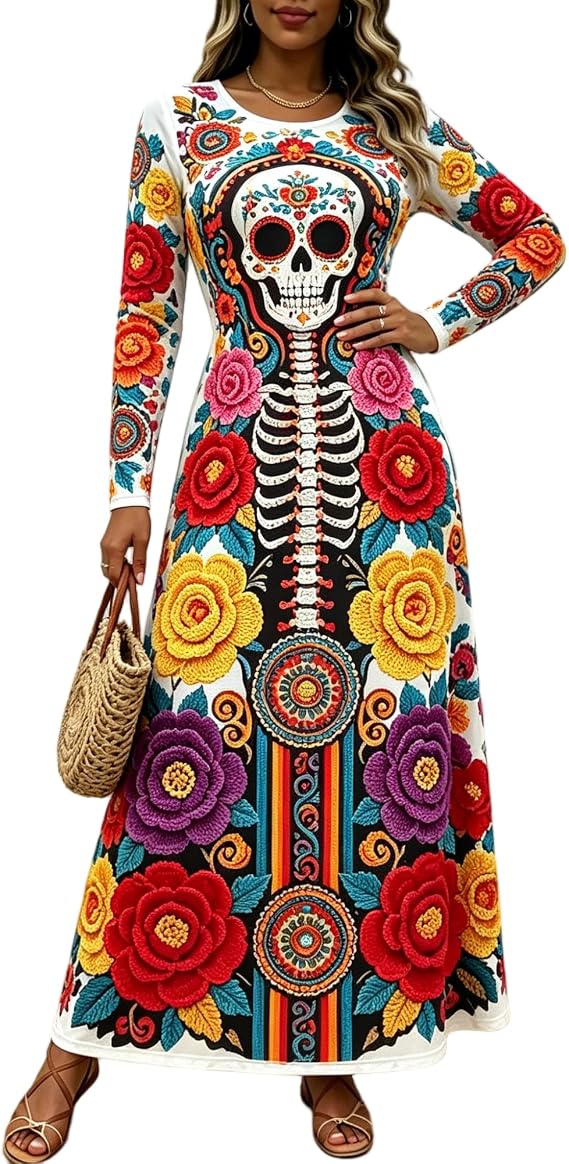 Dia de Los Muertos Women Maxi Dress Long Sleeve Sugar Skull Floral Print Halloween Party Dress - sugar skull costume