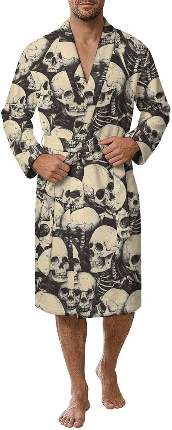 Long Robes for Women Men, Soft Plush Bathrobe Stained Glass Print - skull pajamas
