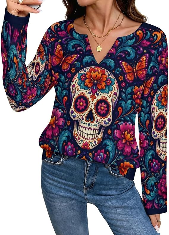 Long Sleeve Shirts for Women Casual Trendy Top Vintage Deer Skull - skull tshirt