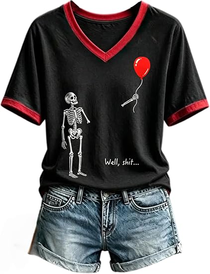 Womens Halloween Shirt V Neck Fall Salem 1692 Skull Graphic Spooky Season Funny Halloween Party Tees Top - skeleton