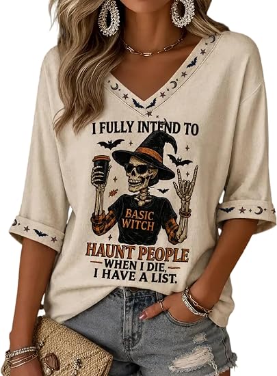 Halloween Shirt for Women Fall 3/4 Sleeve Funny Spooky Season Family Party Casual Cute Graphic Tees Top - skull tshirt