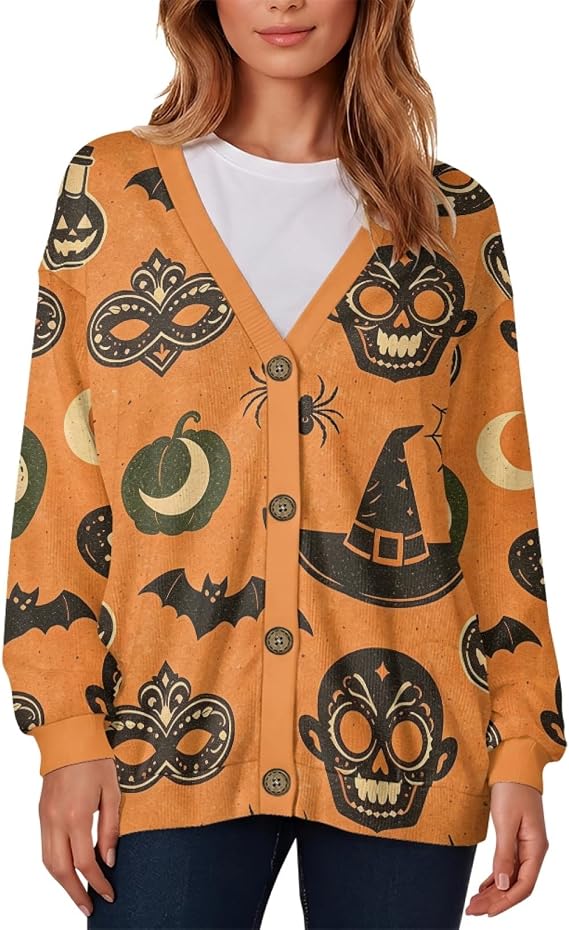 Women's Knit Cardigans Long Sleeve Button Front Sweater Tops - skull jacket