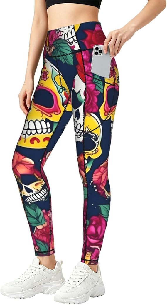 Sugar and Skulls and Flowers Print Women Yoga Pants Baggy Soft Breathable Clothes Fitness Trousers Casual Wear - skull leggings