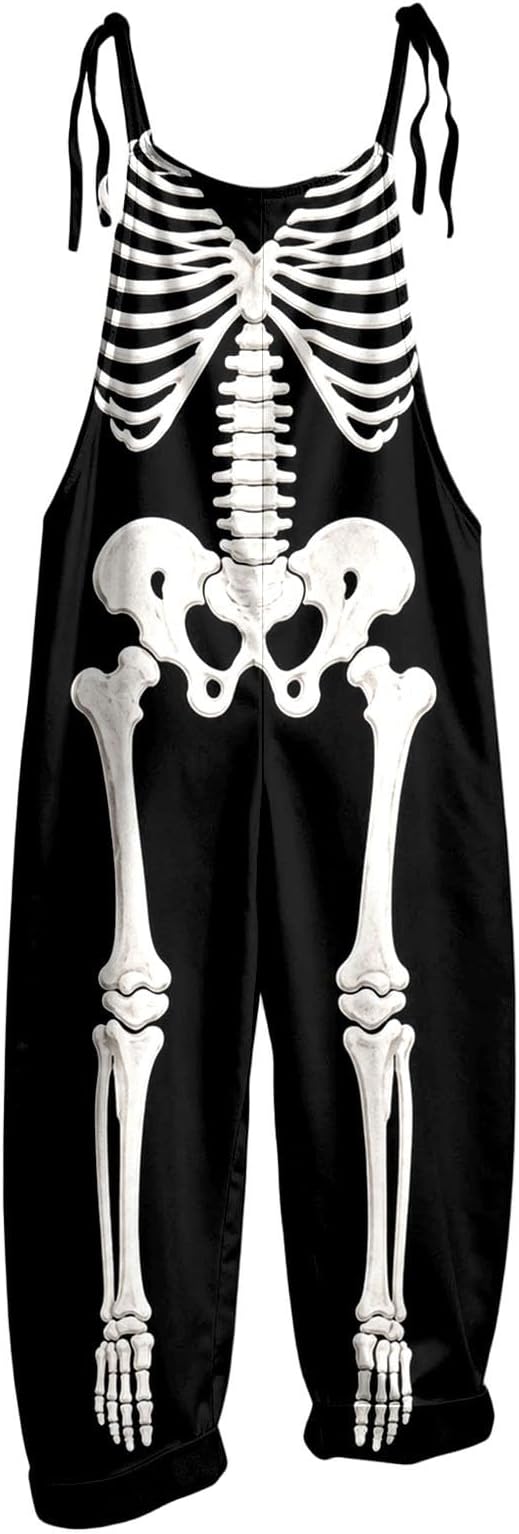 Halloween Overalls for Women Skeleton Rose Graphic Jumpsuit Plus Size Wide Leg Rompers Pants with Pockets - skull pajamas