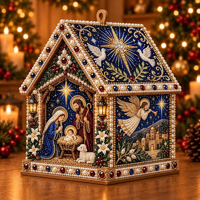 3D Wooden Christmas House Diamond Art Kit, Pearl Rhinestone DIY Ornament - skull painting