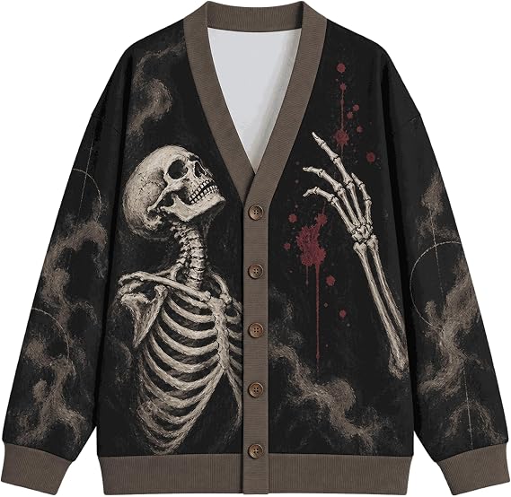 ThuhaTree Store Skeleton Gothic Knitted Cardigan, Dark Bone Art Sweater - skull jacket