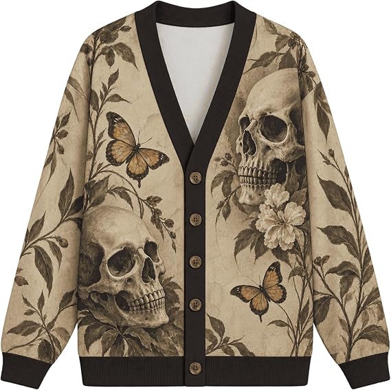 ThuhaTree Store Skull Motif Knitted Cardigan, Butterfly Botanical Sweater - skull jacket