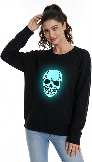 HSCTEK Light Up Adult Halloween Knitted Sweater Men Women - skull jacket