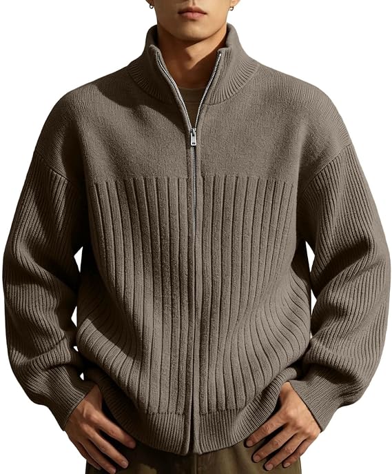 Mens Sweaters Mock Neck Long Sleeve Full Zip Knit Sweater Cardigan - skull jacket