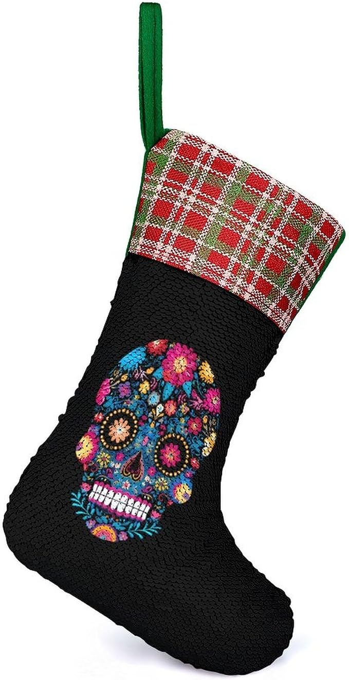 Sugar Skull Sequin Christmas Stockings Green - sugar skull costume