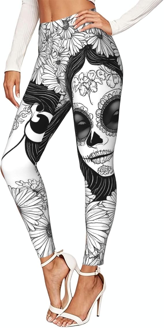 High Waisted Leggings for Women Cycling Yoga Pants-Floral Sugar Skull Portrait - sugar skull costume