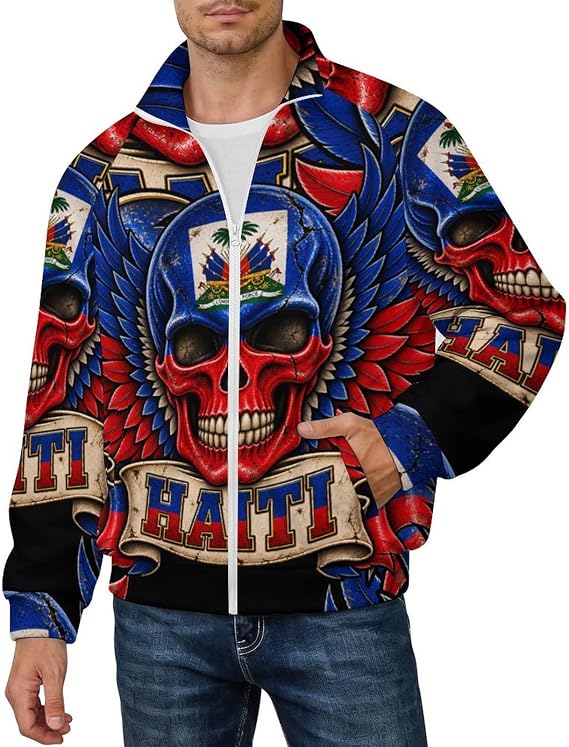 Cilbu Flag Of Haiti Skull Full Zip Fleece Jacket Stand Collar Coat - skull jacket