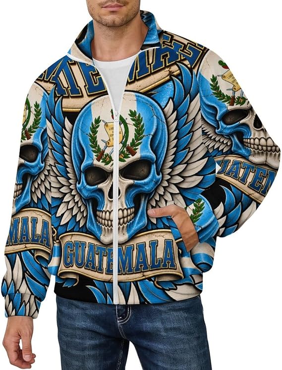 Cilbu Flag Of Guatemala Skull Full Zip Fleece Jacket Stand Collar Coat - skull jacket