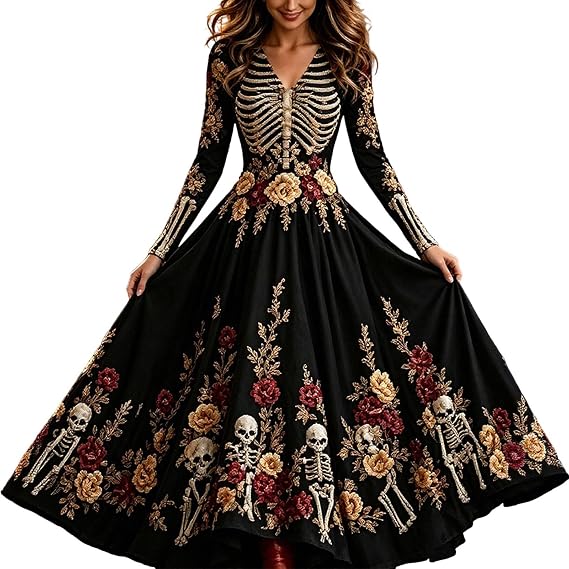 Plus Size Halloween Costumes for Women 2026 Sexy Skeleton Dress Gothic V Neck Long Sleeve Spooky Skull Rose Festival Outfit - sugar skull costume