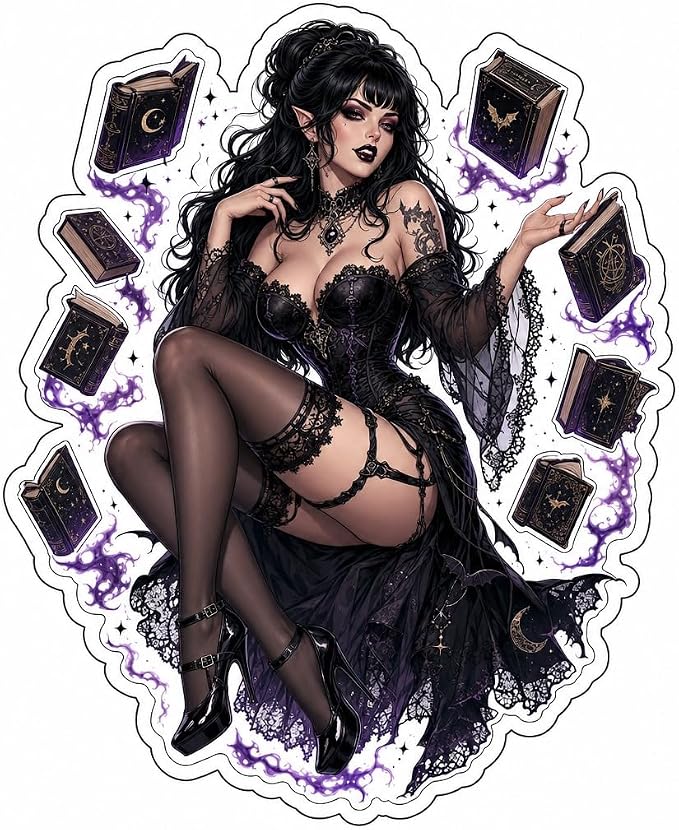 (3 Pack) Goth Pinup Girl with Floating Spellbooks Sticker (3.5" x 3.5") - skull sticker