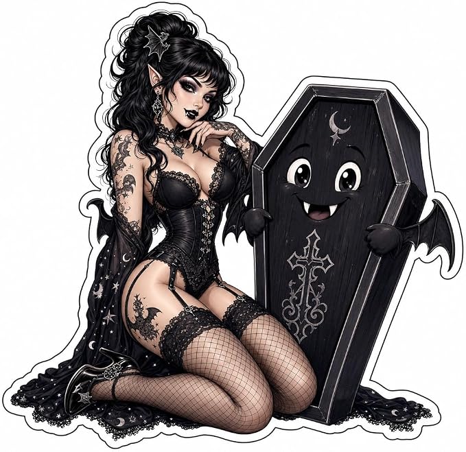 (3 Pack) Goth Pinup Girl Posing Beside Friendly Coffin Monster Art Sticker (3.5" x 3.5") - skull sticker