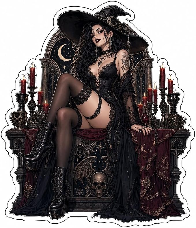 (3 Pack) Goth Witch Pinup Girl on Altar with Candles Sticker (3.5" x 3.5") - skull sticker