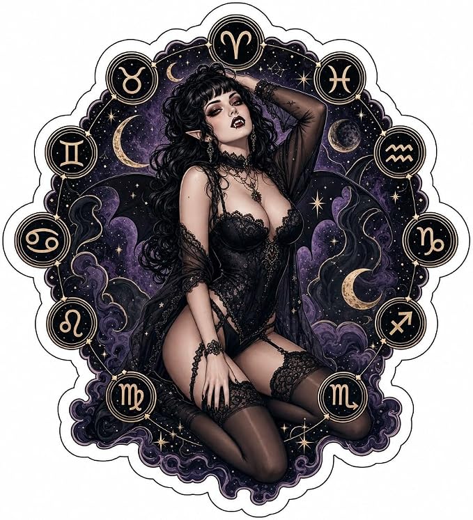 (3 Pack) Goth Pinup Girl with Floating Zodiac Symbols Sticker (3.5" x 3.5") - skull sticker