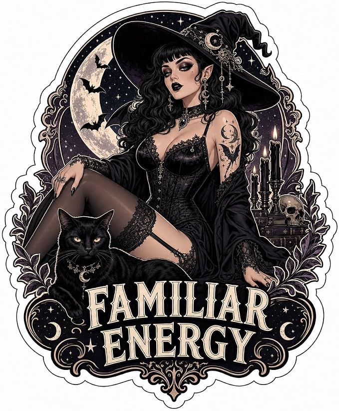 (3 Pack) Familiar Energy Goth Witch Pinup Girl with Black Cat Sticker (3.5" x 3.5") - skull sticker