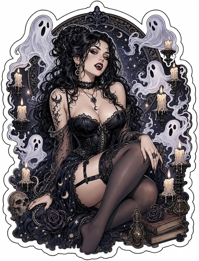 (3 Pack) Goth Pinup Girl with Floating Candles and Ghosts Sticker (3.5" x 3.5") - skull sticker