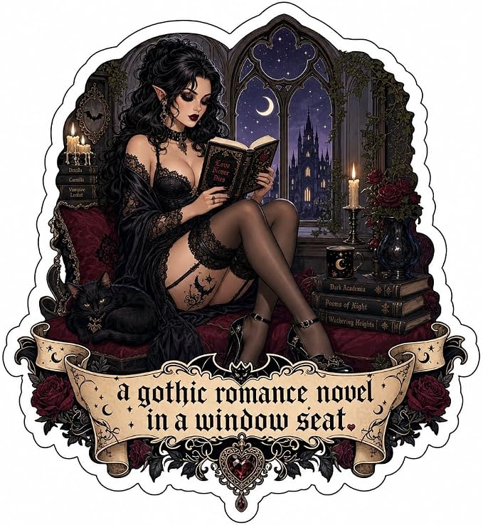 (3 Pack) Adult Goth Pinup Girl Reading Gothic Romance Novel Window Seat Sticker (3.5" x 3.5") - skull sticker